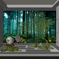 Tranquil Courtyard Garden With Forest Backdrop Trees Moss Stone Path Spherical Decor And Lounge Chair
