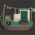 Colorful Small Model Boat With Green Top White Pink Bottom Wooden Plank Tire Crate Lanterns