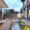 Modern Courtyard Garden With Wooden Deck Water Pool Fountain Green Plants Outdoor Furniture And Lighting