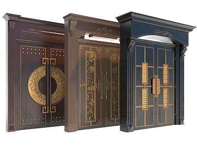Traditional Wooden Gates With Gold Accents Ornate Carvings And Circular Patterns 3d model