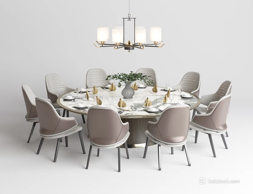 Modern Elegant Round Dining Table Set With Light Gray Chairs Chandelier Tableware Greenery Vase 3d model