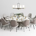 Modern Elegant Round Dining Table Set With Light Gray Chairs Chandelier Tableware Greenery Vase 3d model