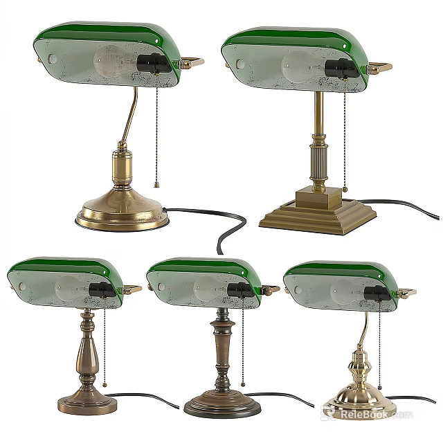 Vintage Green Glass Shade Table Lamp With Brass Round And Square Base 3d model 