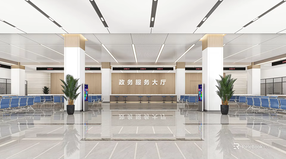 Spacious Government Service Hall Interior With Marble Floor Seating Areas And Potted Plants 3d model 