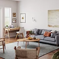 Cozy Living Room Interior With Gray Sofa Orange Cushions Wooden Coffee Table And Wicker Chair