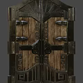 Ancient Medieval Style Wooden Door With Intricate Metal Hardware And Carved Patterns