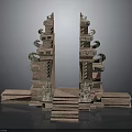 Traditional Symmetric Stone Carved Gate Structure With Steps And Decorative Ornaments
