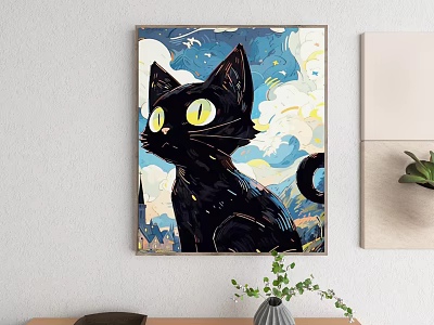 Abstract Wall Art Painting With Black Cat And Sky 3d model