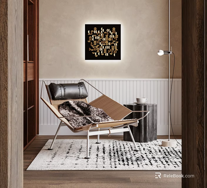 Modern Leisure Chair With Black Leather Cushion Wooden Frame On Patterned Rug Near Wall Art 3d model 