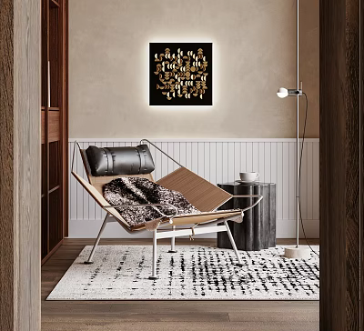 Modern Leisure Chair With Black Leather Cushion Wooden Frame On Patterned Rug Near Wall Art 3d model