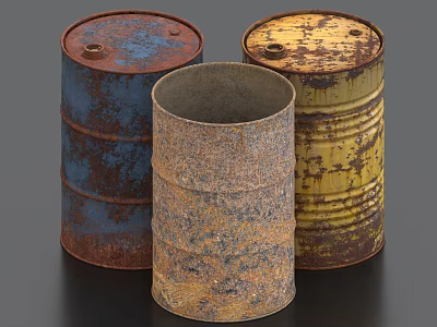 Three Vintage Rusty Metal Drums As Industrial Equipment With Weathered Surfaces 3d model