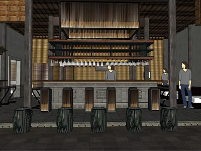 Traditional Restaurant Interior With Bamboo Decor Wooden Bar Counter And High Stools 3d model
