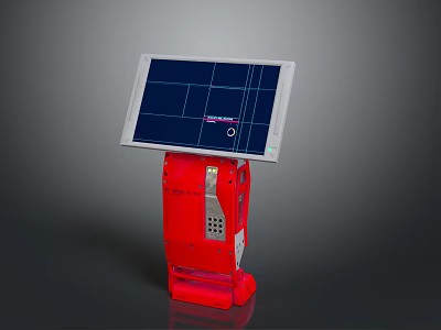 Red Interactive Device With Screen Displaying Grid Pattern And Stable Stand 3d model