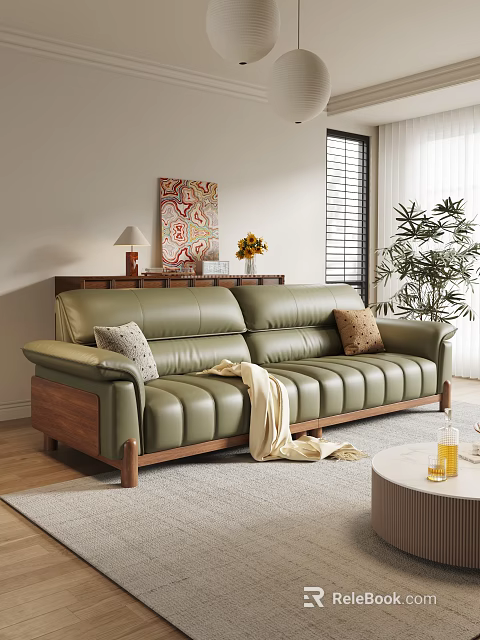 Modern Green Leather Sofa Coffee Table Set With Cushions Round Table Wooden Legs And Plant 3d model 