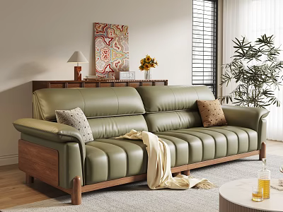 Modern Green Leather Sofa Coffee Table Set With Cushions Round Table Wooden Legs And Plant 3d model