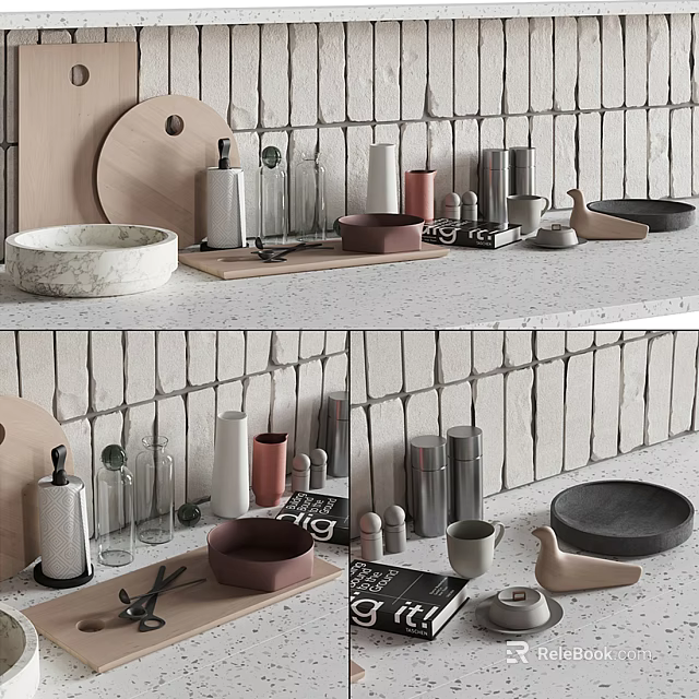 Stylish Kitchenware Collection with Marble Bowl Wooden Board Glass Bottles Metal Canisters on Light Countertop 3d model 