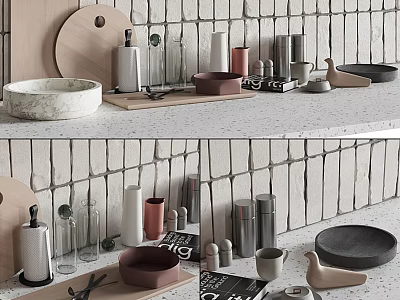 Stylish Kitchenware Collection with Marble Bowl Wooden Board Glass Bottles Metal Canisters on Light Countertop 3d model
