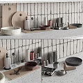 Stylish Kitchenware Collection with Marble Bowl Wooden Board Glass Bottles Metal Canisters on Light Countertop
