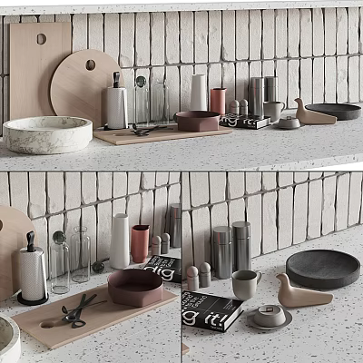 Stylish Kitchenware Collection with Marble Bowl Wooden Board Glass Bottles Metal Canisters on Light Countertop 3d model