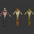 Three frogs dressed in different colored costumes with unique designs standing together 3d model