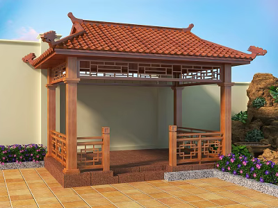 Traditional Chinese Pavilion Featuring Red Tiled Roof And Wooden Carved Railings 3d model