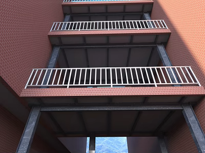 Multi Level Elevator Corridor With Red Brick Walls Metal Railings And Mountain View 3d model