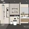 Modern Bathroom Interior With Open Shower White Toilet Wooden Cabinets Marble Countertop Mirror And Plants