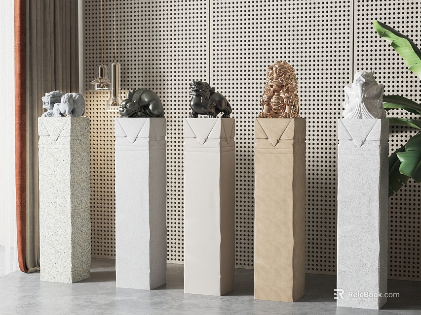 Decorative Sculptures On Colorful Columns In Modern Interior With Perforated Wall And Green Plant 3d model 