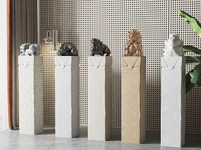 Decorative Sculptures On Colorful Columns In Modern Interior With Perforated Wall And Green Plant 3d model