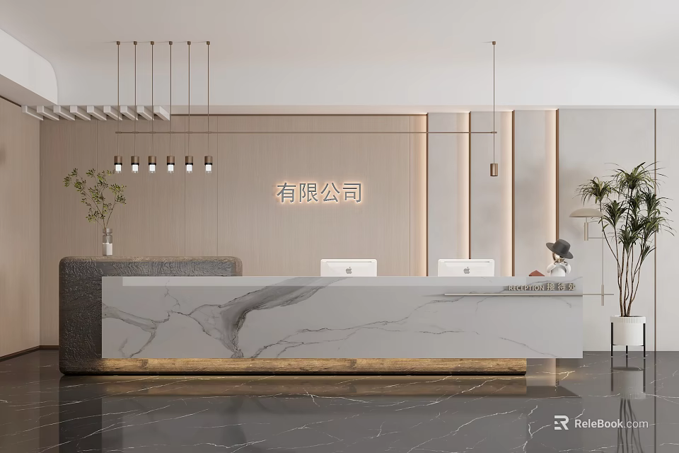 Stylish Front Desk Reception Area With Marble Counter Hanging Lights And Potted Plants 3d model 