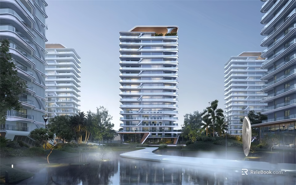Modern High rise Residential Buildings With Waterfront And Lush Greenery 3d model 