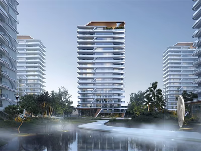 Modern High rise Residential Buildings With Waterfront And Lush Greenery 3d model