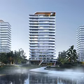 Modern High rise Residential Buildings With Waterfront And Lush Greenery
