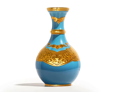 Blue Ceramic Vase With Golden Wing Motifs And Intricate Decorative Patterns 3d model