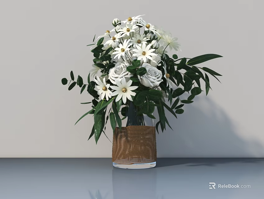 White Daisies and Roses in Woven Glass Vase with Green Leaves on Gray Surface 3d model 