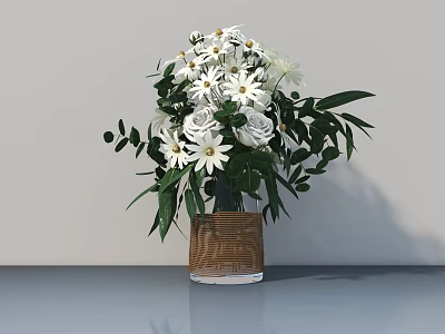 White Daisies and Roses in Woven Glass Vase with Green Leaves on Gray Surface 3d model