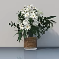 White Daisies and Roses in Woven Glass Vase with Green Leaves on Gray Surface