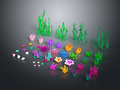 Colorful Marine Plants And Corals With Green Seaweed Pink Purple Blue Yellow On Black Background 3d model