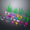 Colorful Marine Plants And Corals With Green Seaweed Pink Purple Blue Yellow On Black Background