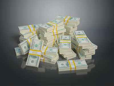 Stacks of US Dollar Bills Arranged in Neat Piles on Dark Surface 3d model