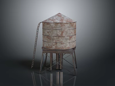 Cylindrical Rusted Metal Water Tower With Ladder And Support Stand Structure 3d model