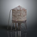 Cylindrical Rusted Metal Water Tower With Ladder And Support Stand Structure