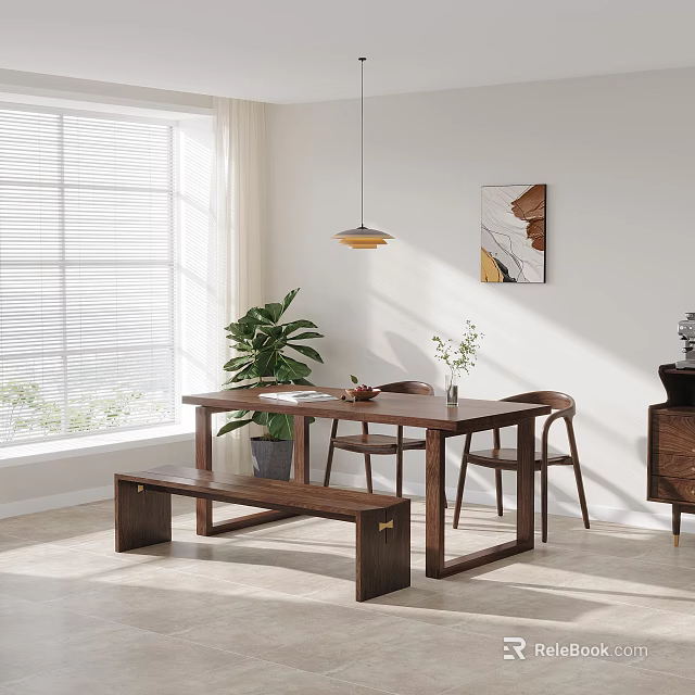 Modern Wooden Dining Table With Bench Chairs Potted Plant Window Blinds And Pendant Light 3d model 