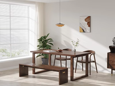Modern Wooden Dining Table With Bench Chairs Potted Plant Window Blinds And Pendant Light 3d model