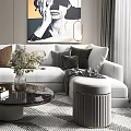 Modern Living Room Sofa Coffee Table Set With Throw Pillows Green Plant And Abstract Painting