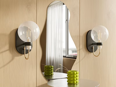 Modern Interior With Stylish Wall Lamps Oval Mirror Wooden Wall And Green Decorative Vases 3d model