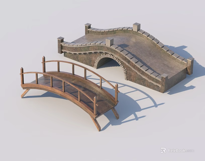 Two Different Arch Bridges With Wooden And Stone Structures And Railings 3d model 