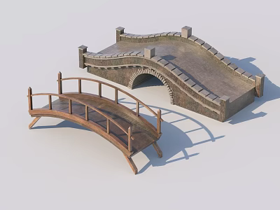 Two Different Arch Bridges With Wooden And Stone Structures And Railings 3d model
