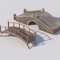 Two Different Arch Bridges With Wooden And Stone Structures And Railings