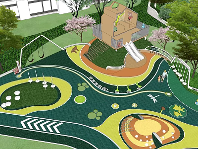 Colorful Outdoor Children's Playground With Slide Swings Lawn And Green Landscaping 3d model